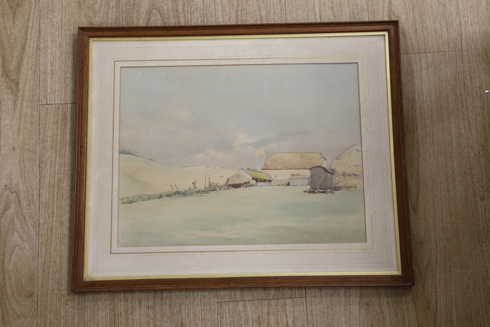 Frank Galsworthy (1863-1959), ink and watercolour, Farm on the South Downs, signed and dated 1933, 38 x 50cm